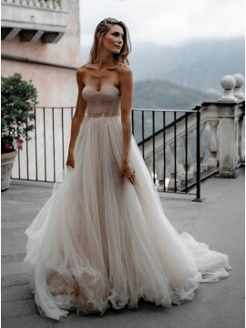 A-Line Sleeveless Sweep Train White Tulle Wedding Dress