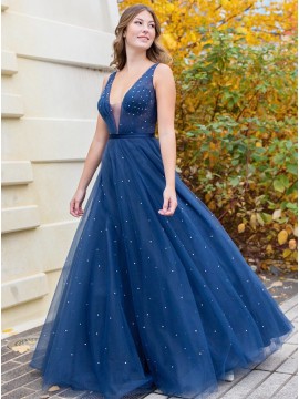Blue Beading Long Prom Dress