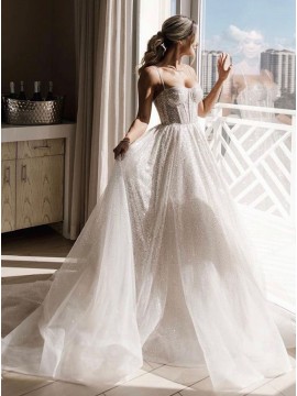 A-Line Glitter Sweep Train Wedding Dress