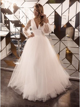 A-Line Long Sleeves Satin Long Sleeve Wedding Dress with Sweep Train