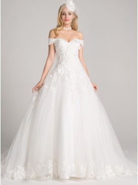 Ball Gown Off-the-Shoulder Chapel Train Lace-Up Wedding Dress with Appliques