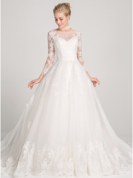 Ball Gown 3/4 Sleeves Chapel Train Open Back Wedding Dress with Appliques Beading