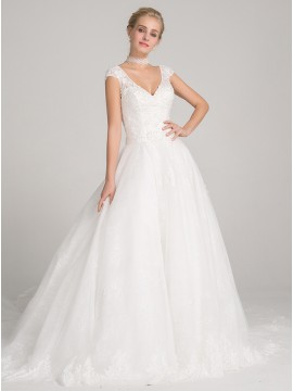 Ball Gown V-neck Cap Sleeves Chapel Train Wedding Dress with Appliques Beading 