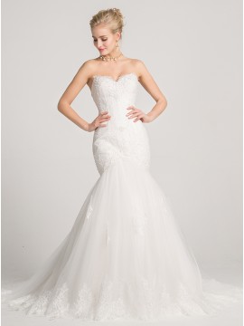Mermaid Sweetheart Court Train Lace-Up Wedding Dress with Appliques Beading