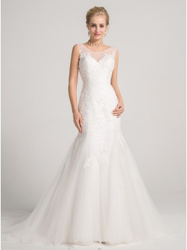 Mermaid Illusion Straps Court Train Backless Wedding Dress with Appliques Beading