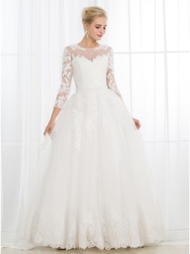 Ball Gown Scoop 3/4 Sheer Sleeves Open Back Wedding Dress with Appliques