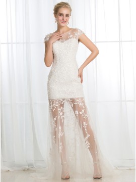 Sheath Scoop Cap Sleeves Buttons Wedding Dress with Appliques Sequins