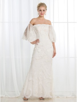 Sheath Off-the-Shoulder Half Sleeves Wedding Dress with Appliques Beading