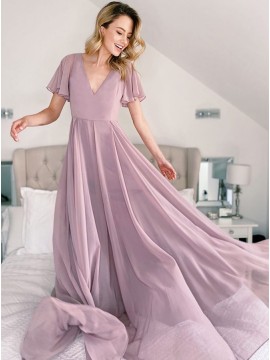 A-Line V-Neck Short Sleeves Long Bridesmaid Dress With Open Back