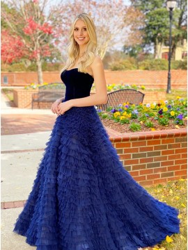 Navy Blue Velvet Prom Dress