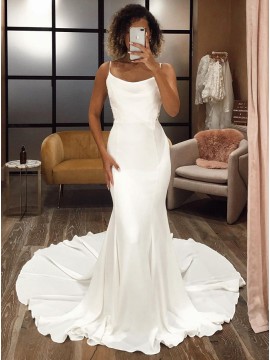 Whtie Mermaid Satin Sleeveless Wedding Dress with Sweep Train