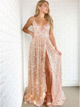 Blush Sequins Long Prom Dress