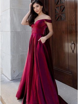 Burgundy A-Line Long Prom Dress