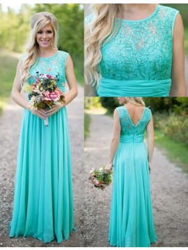 A-Line Crew Floor-Length Turquoise Bridesmaid Dress with Lace Beading