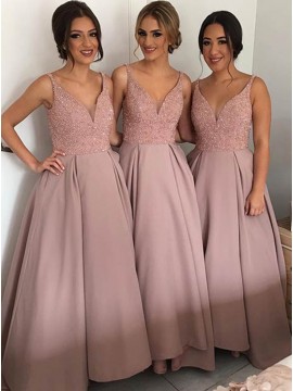 A-Line V-Neck Floor-Length Blush Bridesmaid Dress with Sequins