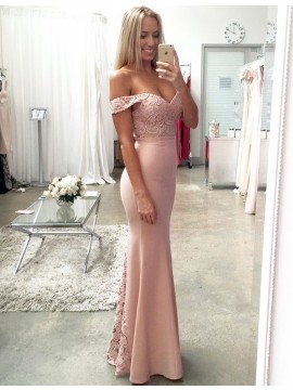 Mermaid Off the Shoulder Floor-Length Blush Bridesmaid Dress with Lace