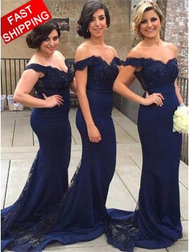 Mermaid Off the Shoulder Long Navy Blue Bridesmaid Dress with Lace