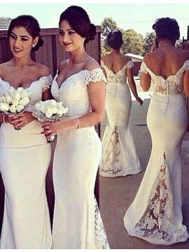 Mermaid Off the Shoulder Short Sleeves White Bridesmaid Dress with Lace