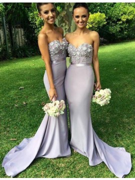 Mermaid Sweetheart Flowers Lavender Bridesmaid Dress with Appliques