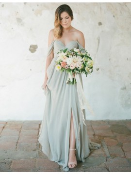 A-Line Off the Shoulder Backless Grey Bridesmaid Dress with Pleats