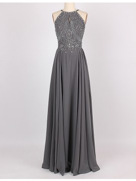 A-Line Jewel Sleeveless Floor-Length Grey Bridesmaid Dress with Beading
