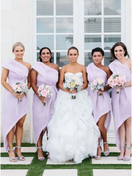 A-line One Shoulder High Low Pleated Lilac Bridesmaid Dress