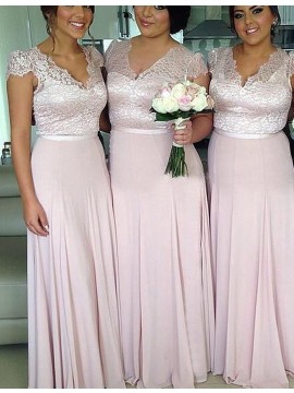 A-line V Neck Cap Sleeves Long Lavender Bridesmaid Dress with Lace