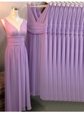 A-line V Neck Sleeveless Long Lavender Bridesmaid Dress Ruched