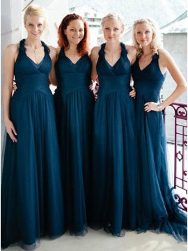 A-Line V-Neck Dark Blue Tulle Bridesmaid Dress with Ruched