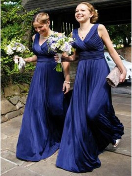 A-Line V-Neck Floor-Length Royal Blue Ruched Chiffon Bridesmaid Dress