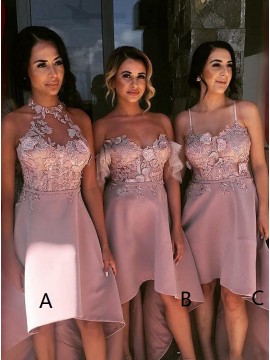 A-Line High Low Halter Blush Satin Bridesmaid Dress with Appliques