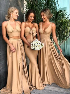 Mismatched A-Line V-Neck Long Champagne Bridesmaid Dress with Pleats
