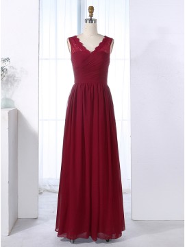 A-Line V-Neck Burgundy Bridesmaid Dress with Lace Pleats