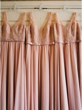 A-Line V-Neck Pearl Pink Chiffon Bridesmaid Dress With Lace Sequins