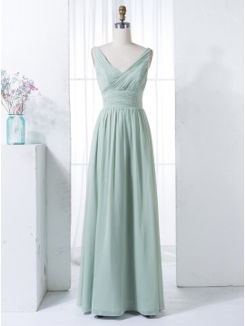 A-Line V-Neck Floor-Length Mint Ruched Chiffon Bridesmaid Dress with Pleats