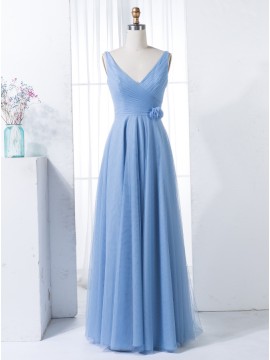 A-Line V-Neck Floor-Length Blue Ruched Chiffon Bridesmaid Dress with Pleats