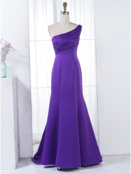 A-Line One Shoulder Sweep Train Ruched Purple Bridesmaid Dress with Beading