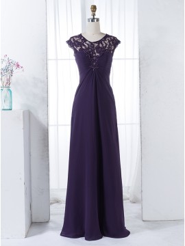 Sheath Round Cap Sleeves Dark Purple Ruched Bridesmaid Dress with Lace Beading