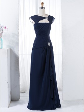 Sheath Round Cap Sleeves Keyhole Dark Blue Ruched Bridesmaid Dress with Beading