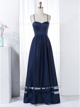 A-Line Spaghetti Straps Criss-Cross Straps Dark Blue Bridesmaid Dress with Pleats