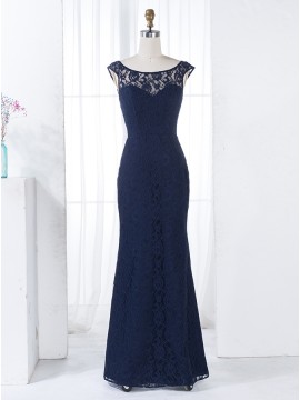 Sheath Scoop Cap Sleeves Dark Blue Lace Bridesmaid Dress with Beading