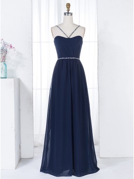 A-Line Spaghetti Straps Dark Blue Ruched Bridesmaid Dress with Beading