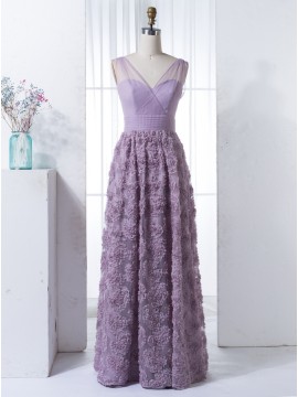 A-Line Illusion Straps Lavender Lace Bridesmaid Dress with Pleats