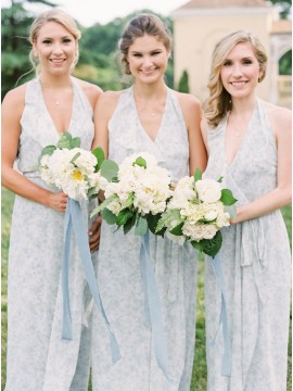 Sheath Halter Backless Floor-Length Light Blue Bridesmaid Dress with Ruffles