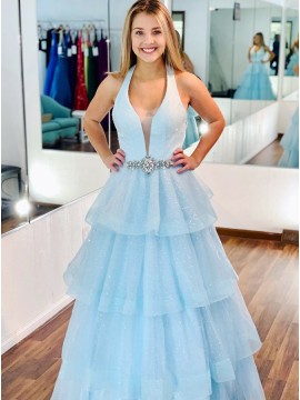 Organza Sequins Blue Prom Dress