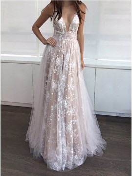 A-Line Deep V-Neck Long Light Champagne Prom Dress with Lace