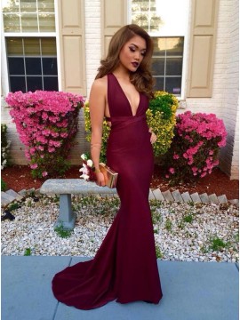 Mermaid V-Neck Criss-Cross Straps Burgundy Convertible Prom Dress