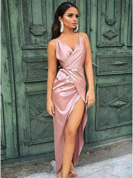 Sexy Tea Length Spaghetti Straps Pink Sheath Prom Dress with Split