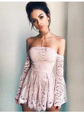 A-Line Off-the-Shoulder Long Sleeves Homecoming Dress Pearl Pink Lace Cocktail Dress