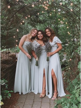 Blue A-Line Sleeveless Long Bridesmaid Dress With Split